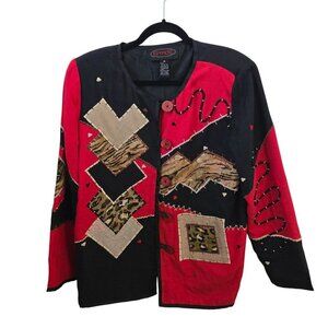 Vintage Art To Wear Bohemian Mixed Media Tee Black Animal Print Jacket Size M